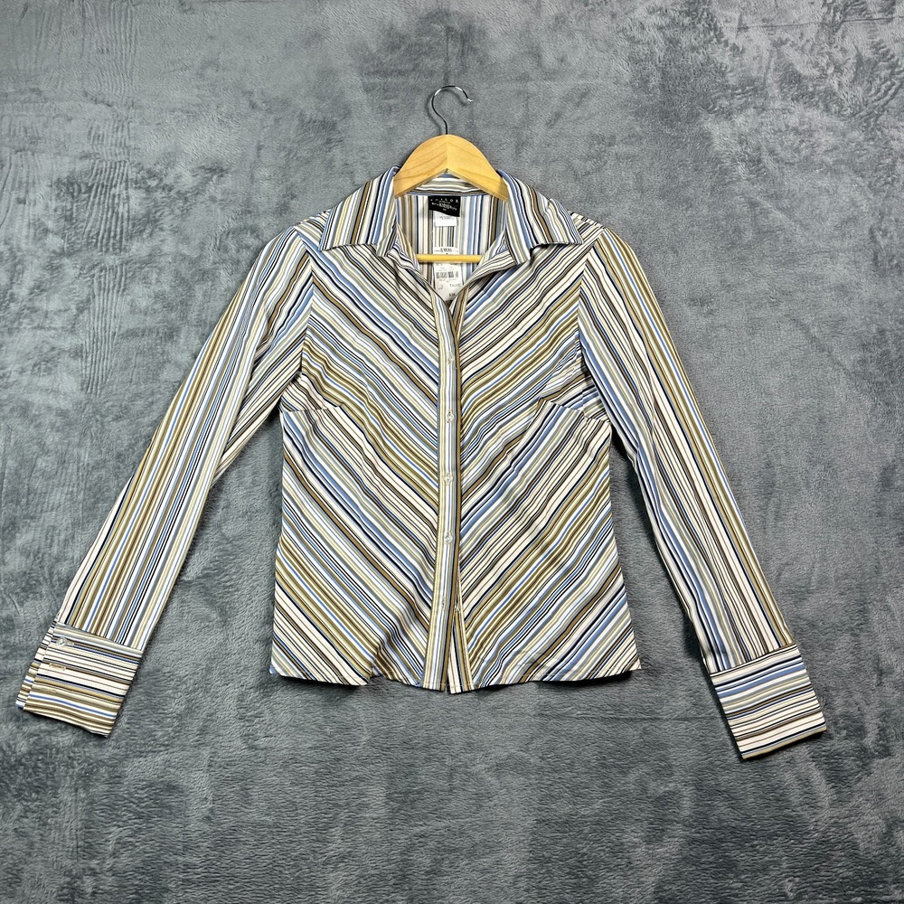 Tailor B. Moss Shirt Women Small Multicolor Striped Stretch Curved Hem Button Up